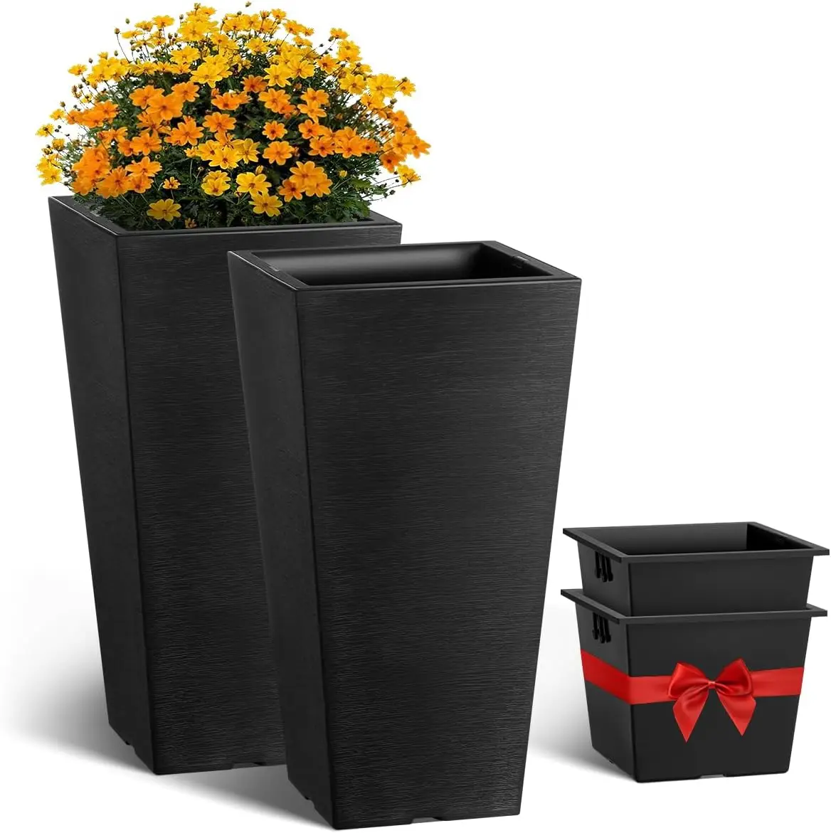 

Set of 2 Tall Outdoor Planters, 22-Inch Large Black Pots with Modern Design and Built-in Drainage for Indoor/Outdoor Plants