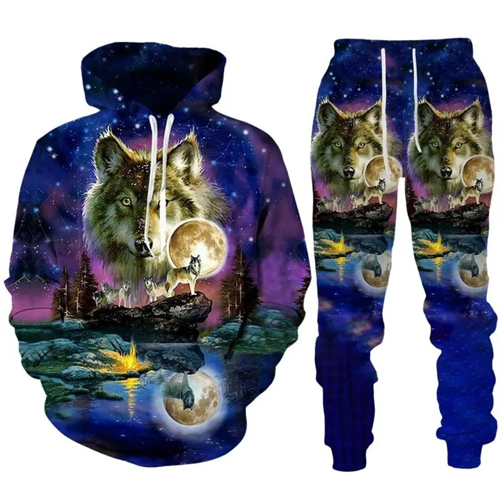 2024 New Men animal wolf Hoodie Printed Male Autumn Casual Sweatshirt Sweatpants Pullover Men Tracksuit Set Men's Clothing Suit