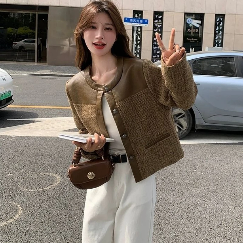 Trend Tweed Jacket Women Cropped Top Patchwork Vintage Spring Autumn Coat Long Sleeves High-quality Outerwear Design Streetwear