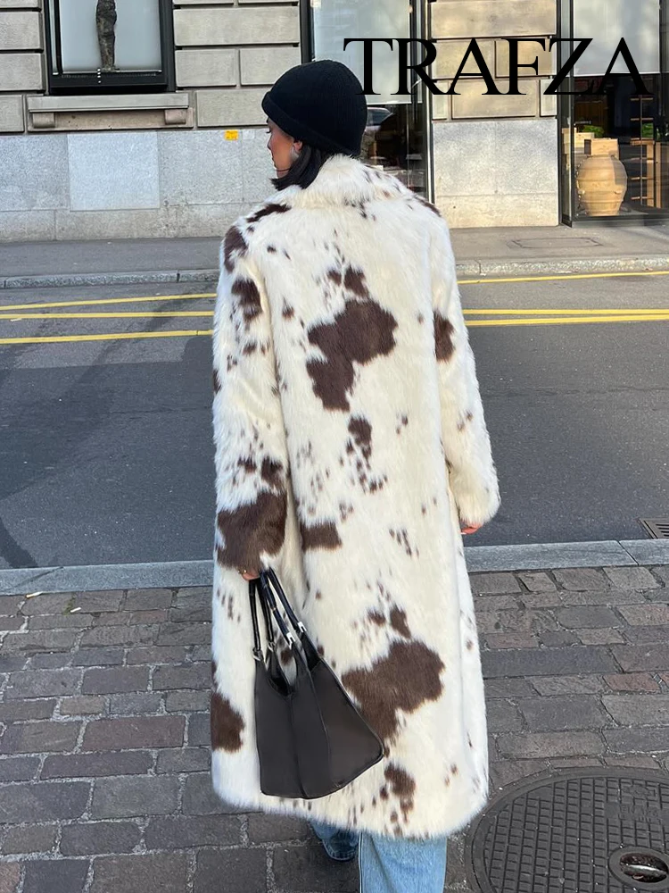 TRAFZA Frau Warme Dicke Casual Animal Print Faux Pelz Lange Mäntel Frauen Winter Elegante Langarm Revers Einreiher Jacken