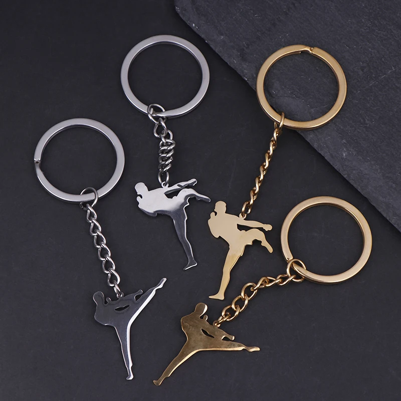 Taekwondo High Kick Keychains For Men Titanium Steel Sports Charm Karate Jiu Jitsu Keyring Jewelry Male Boys Gym Gifts