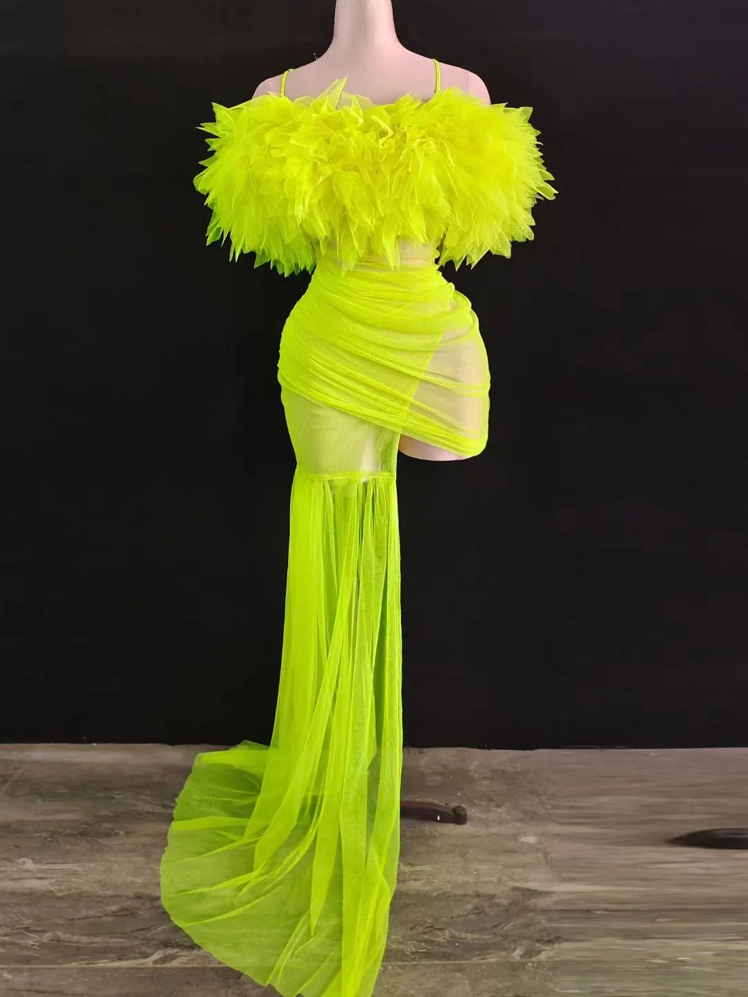 Sexy Transparent Long Train Costume Neon Green Mesh Flower Dress Birthday Prom Celebrate Outfit Evening Nightclub DJ Costume