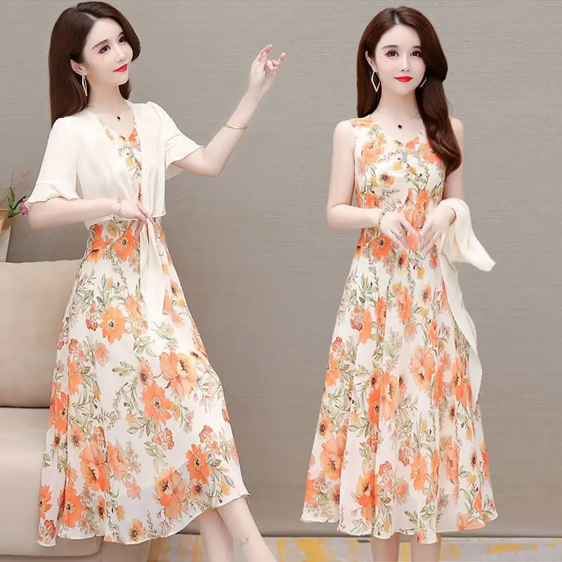 Dress Women's Summer 2023 New High End Fashion Sun Protection Outwear with Reduced Age Fragmented Flower Long Dress