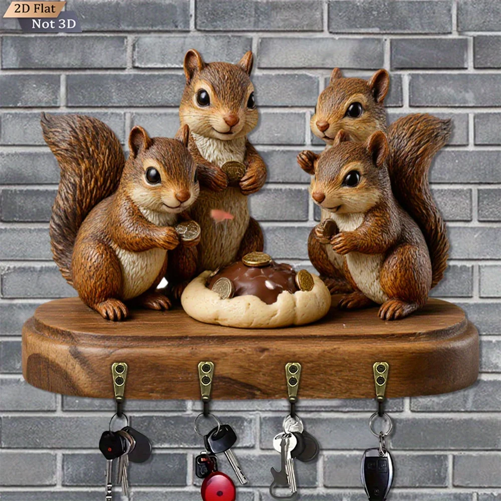 1pc Rustic Squirrel-Shaped Key Holder - Wood Wall-Mounted Key Organizer with 4 Metal Hooks, Log-like Entryway Storage for Keys,