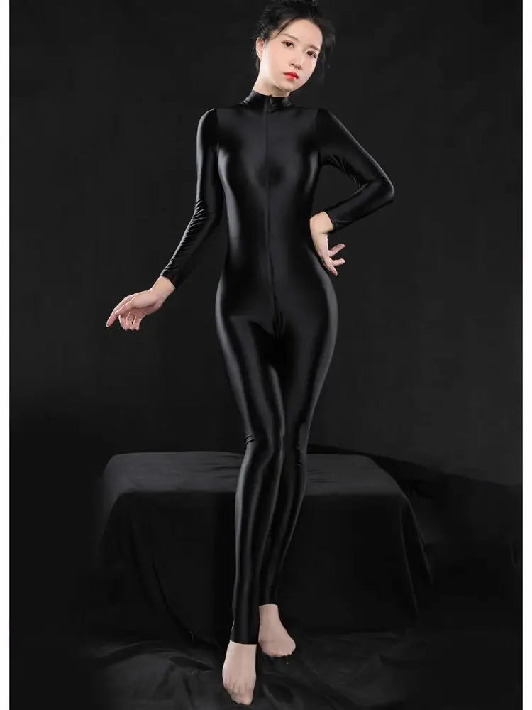 M L błyszczące błyszczące Bodystocking strzemię Catsuit 2-zamek błyskawiczny otwarte krocza body rajstopy seksowny trykot połączony kombinezon