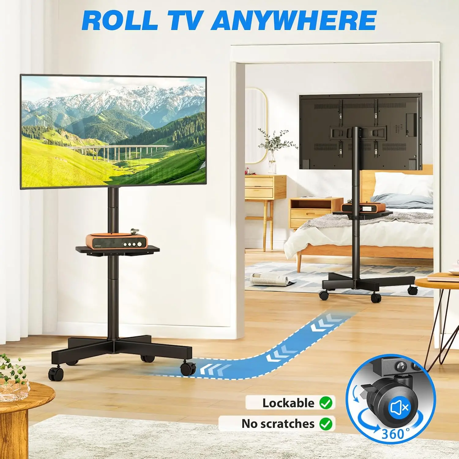 Mobile TV Stand for 23-65 Inch Flat/Curved TVs up to 88 lbs, Rolling Cart with Shelf & Tilt, Portable Floor Stand for Bedroom, Living Room, Office view 5