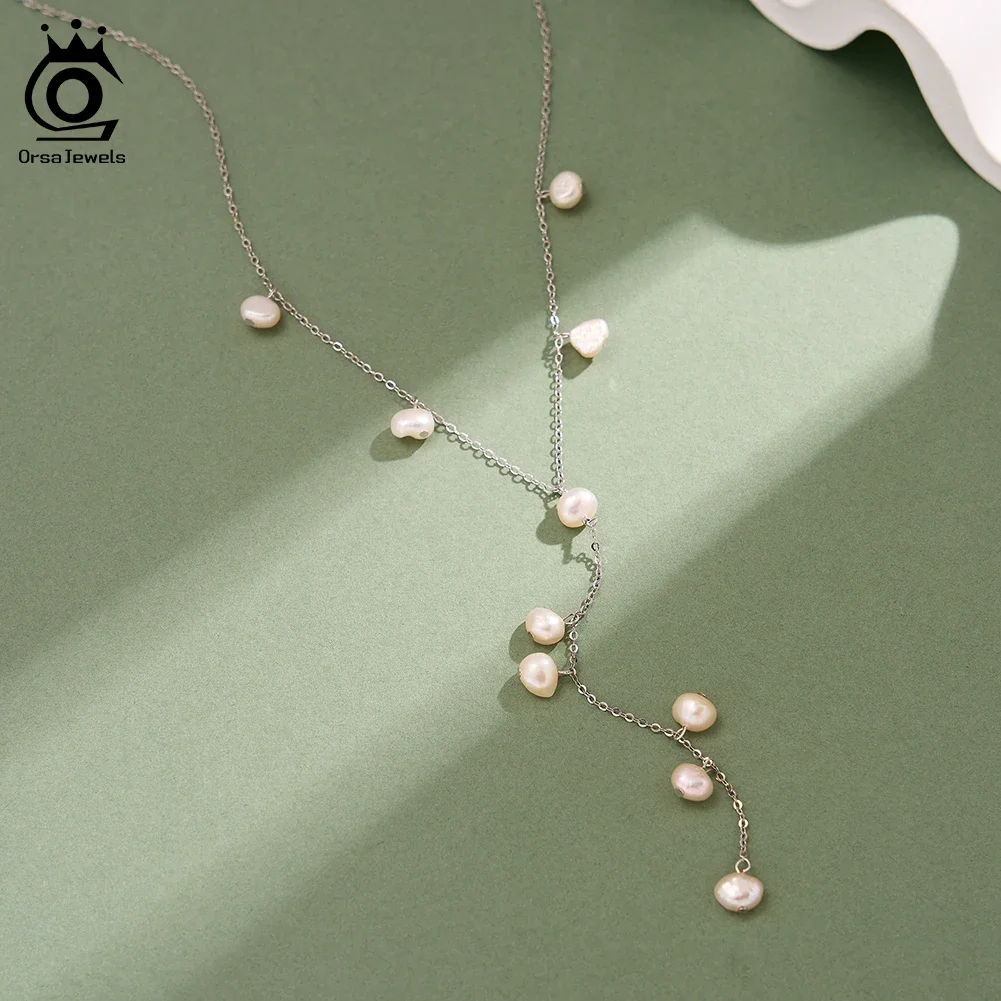 

ORSA JEWELS Elegant 925 Sterling Silver Tassel Pearl Chain Necklace with for Women Summer Sexy Y-shaped Jewelry Accessorry BQN29