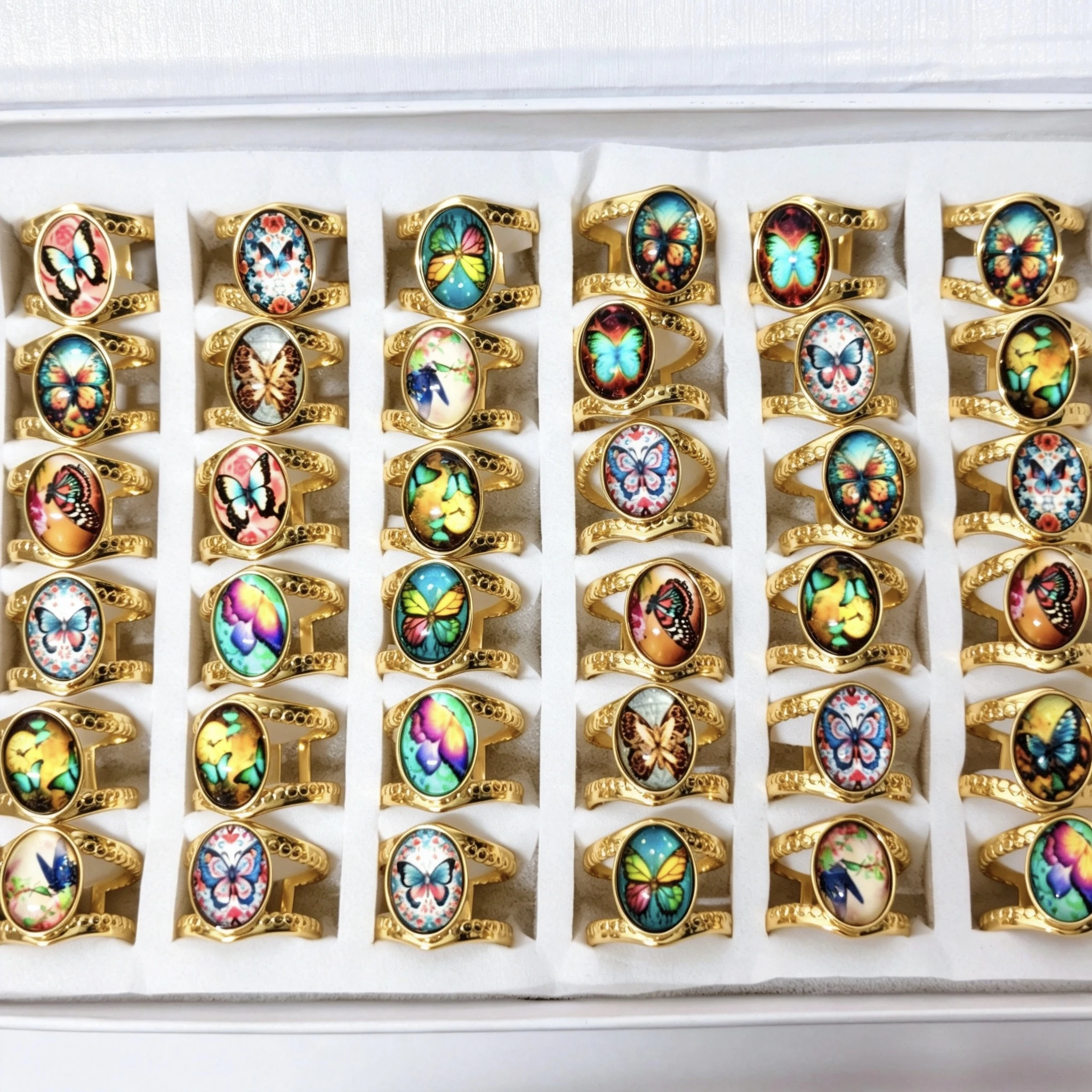 20/50pcs Bulk Stainless Steel Open Adjustable Rings Butterfly Pattern Cabochon Inlay Finger Rings for Jewelry Store
