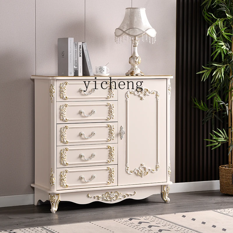 Tqh Bedroom Storage Cabinet Locker with Open Fan Ivory White Paint Solid Wood Drawer Carved Light Luxury