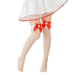 Nurse Sexy Stockings Red Bowknot Small Mesh Thigh High Stockings Cosplay Anime Women Fishnet Stockings