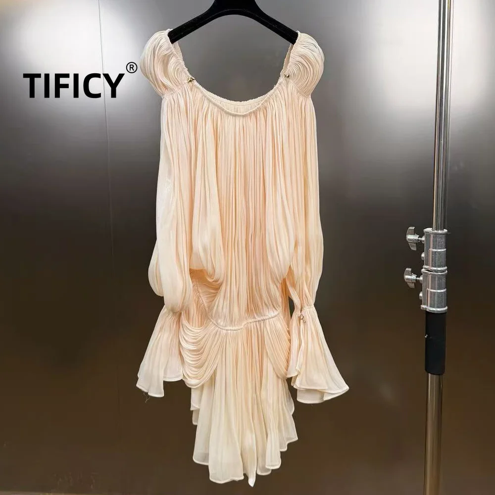 High Street Spring Elegant One Piece Shoulder Dress with Cinched Waist Irregular Waistband Pleated Short Dresses