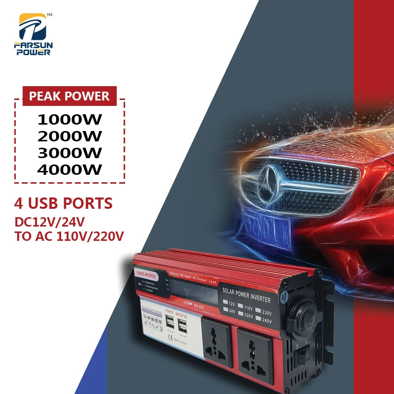 

Peak Power 1000W/2000W/3000W/4000W 4 USB Port DC12V/24V To AC 110V/220V Modified Sine Wave Inverter 50-60Hz Car Solar Inverter