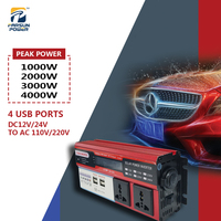 Peak Power 1000W/2000W/3000W/4000W 4 USB Port DC12V/24V To AC 110V/220V Modified Sine Wave Inverter 50-60Hz Car Solar Inverter