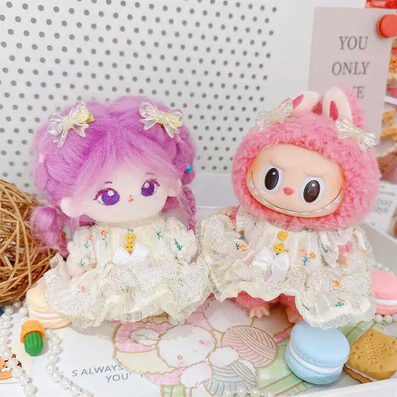 2Pcs Cute Bow Lace White Dress for 10cm Set Idol Doll Clothes Kawaii Plush Doll Dress Up Changing Clothes Fans Girls Kids Gifts