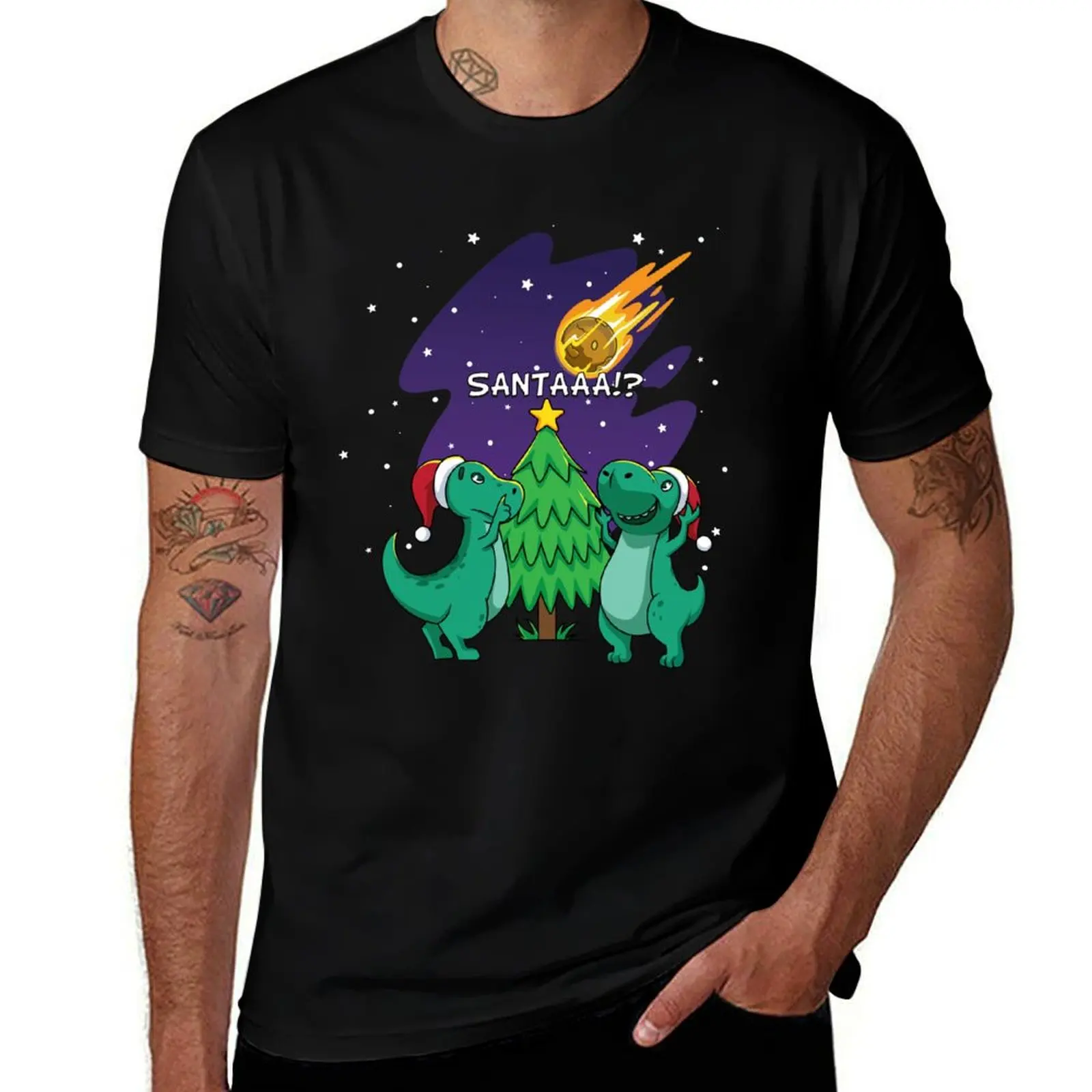 Cute Meteor Santa Claus T-rex Dinosuar Christmas T-Shirt Large Size Soft Cotton T-Shirt