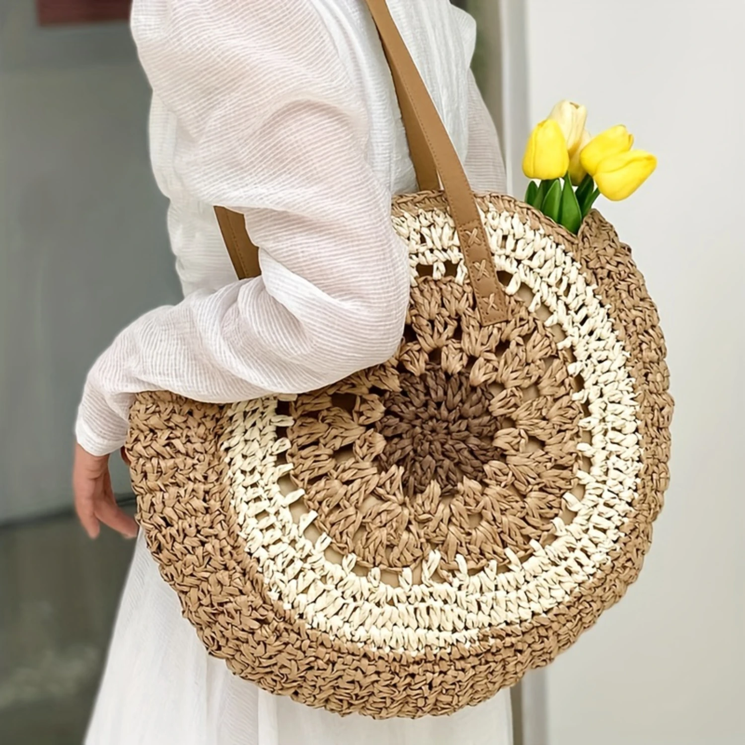 

Summer Woven Straw Bag, Style Hollow Out Tote Bag, Retro Travel Vacation Seaside Beach Bag