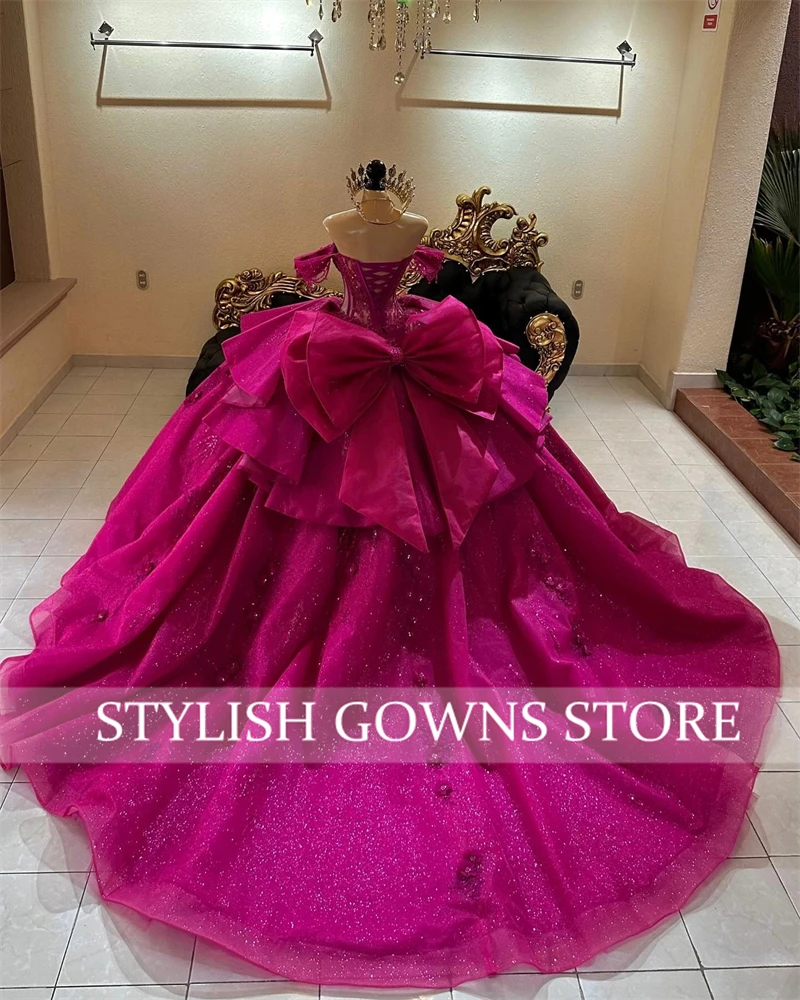 Mexico Fuchsia Off The Shoulder Tassel Quinceanera Dress Ball Gown Beaded Appliques Princess Dresses Bow Tiered Customized