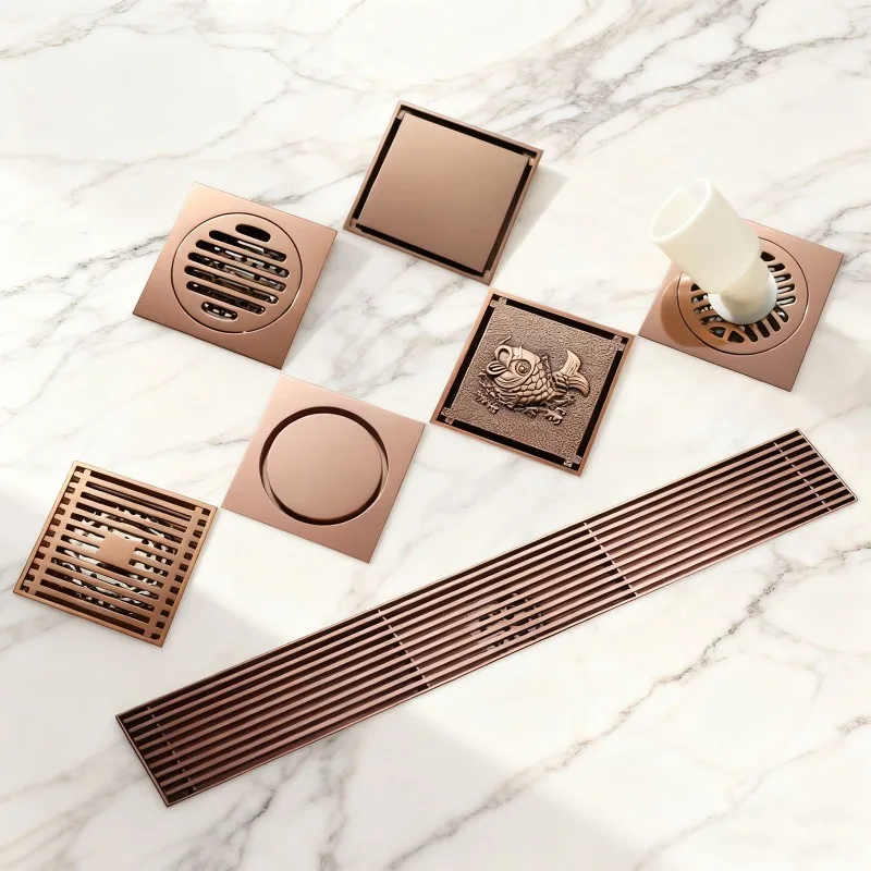 

100*100mm Square Hidden Rose Gold Anti-Odor Household Bathroom Drain Floor Drain with Flange North American Style
