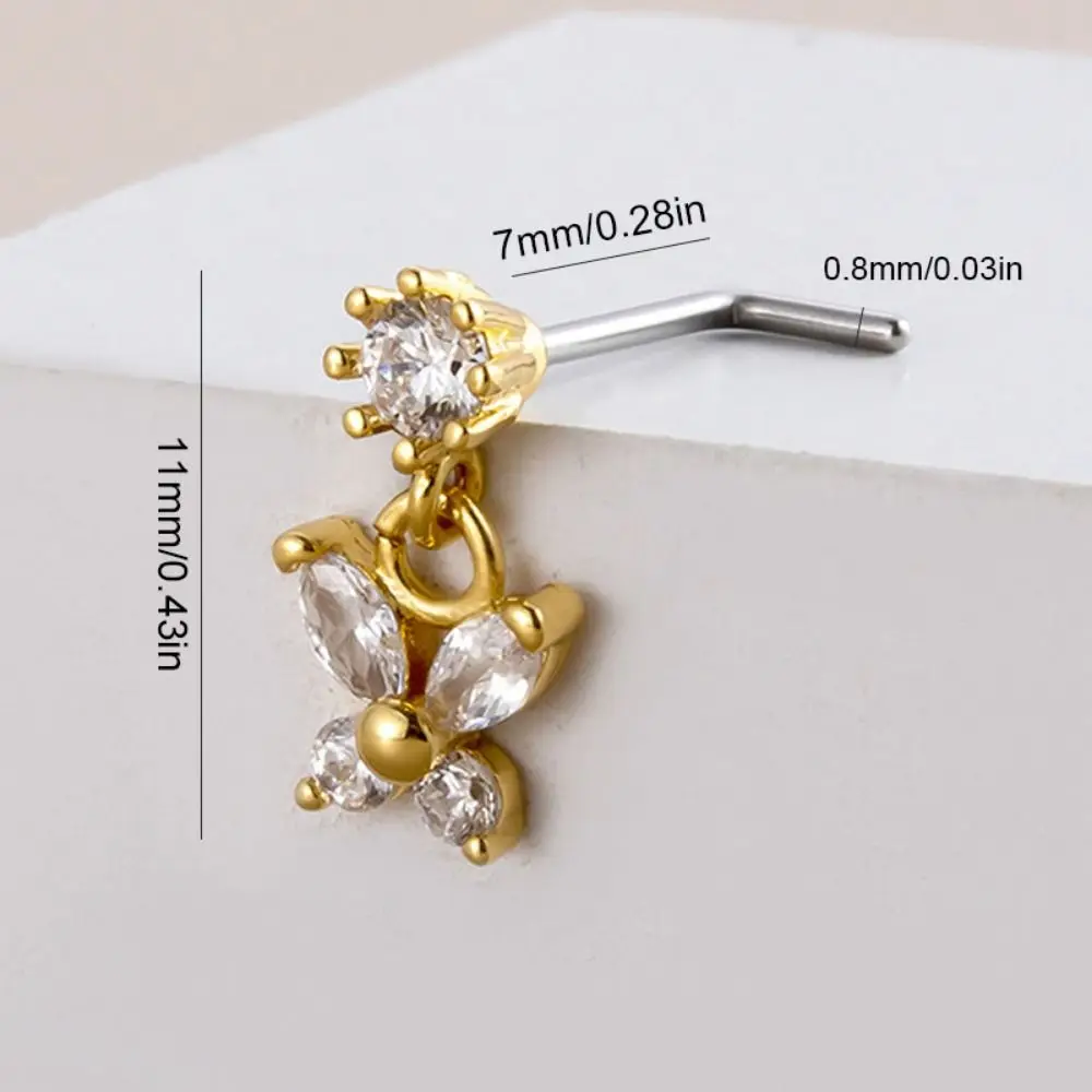 Stainless Steel Piercing Nose Studs Crystal Zircon L Screw Rod Butterfly Pendant Nose Ring Goth Pierc Body Jewelry Daily Wear view 6