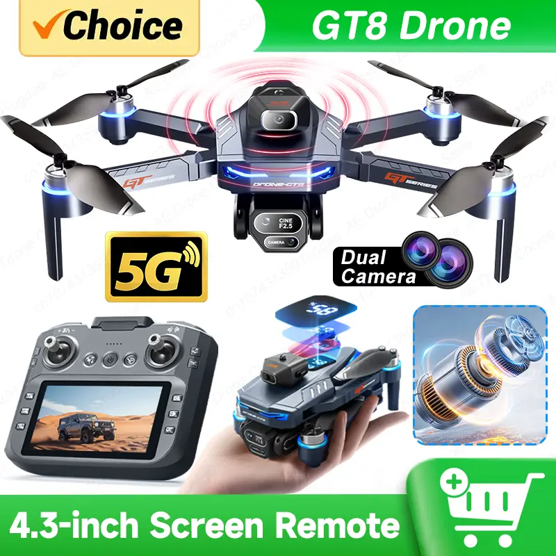 새로운 GT8 드론 8K 전문 HD 듀얼 카메라 스크린 원격 5G WIFI 브러시리스 모터 장애물 회피 Foldable Quadcopter Toys