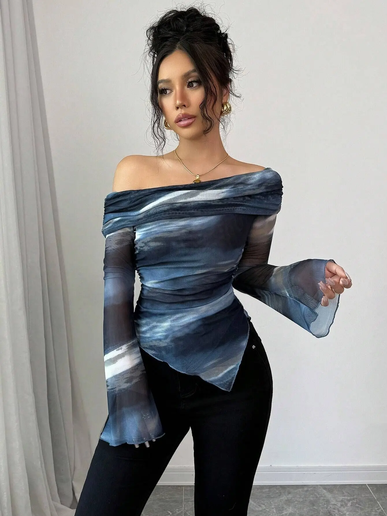 

2026,New,European,Clothes,Mesh,Print,T-Shirt,Fashion,Sexy,Off collar,Irregular,Women,Tops,Long Sleeve,Bottoming Shirt,Tees,51202