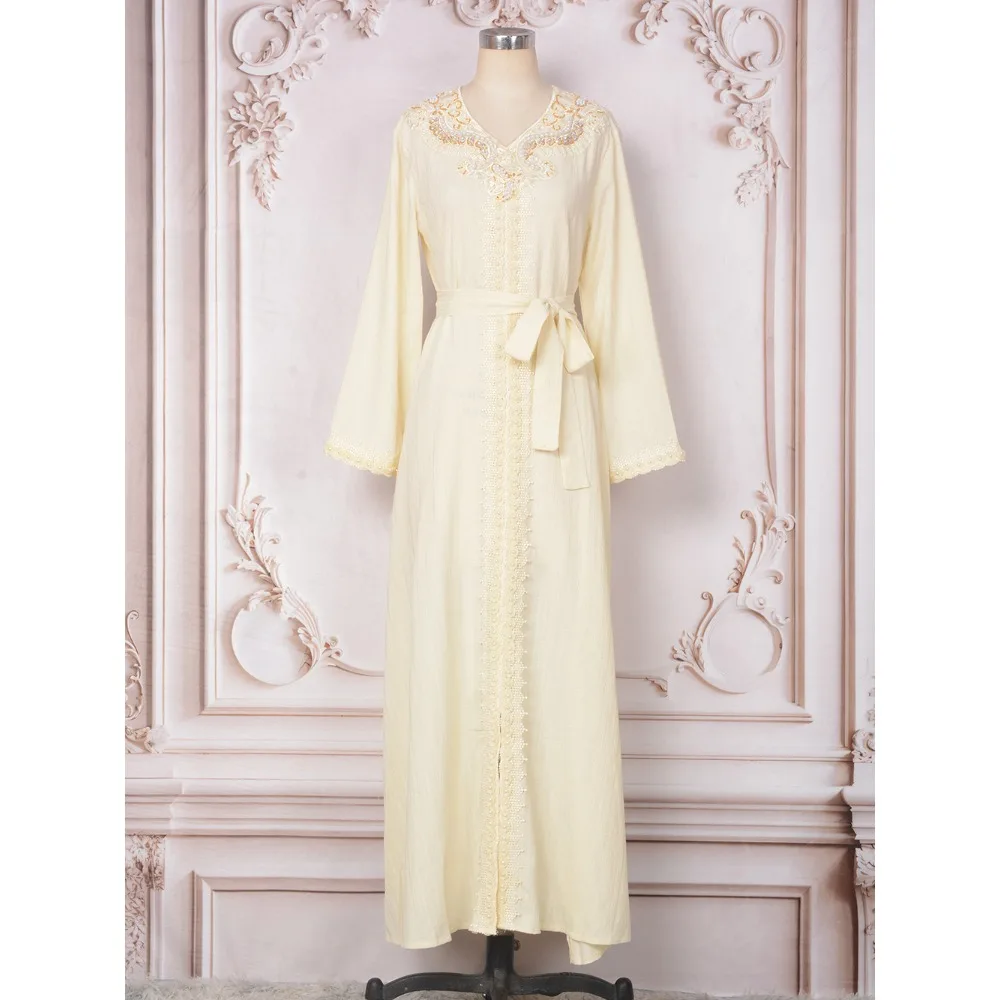 Muslim Women Luxury Evening Dresses Beaded Casual Abayas Dubai V Neck Embroidery Robe Arab Long Sleeve High Waist Banquet Kaftan