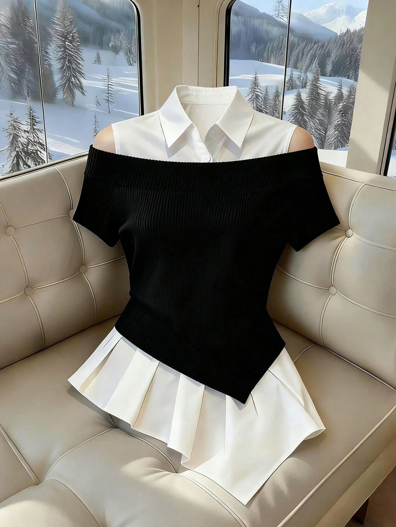 

Блузка с открытыми плечами, короткими рукавами, цветными блоками, воротником-рубашкой и асимметричным подолом, женский топ