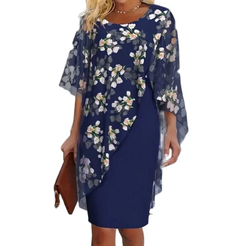 2024 Elegant Irregular See-through Mesh Decoration Dresses Women Flower Print Dress Female Comfortable Commuter Half Sleeve Gown