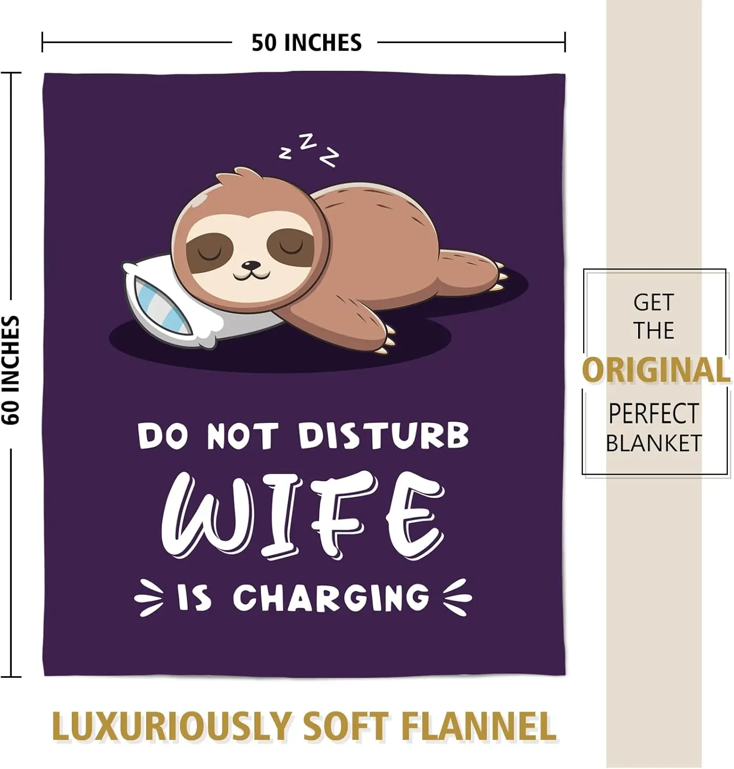 Funny Anniversary Birthday Gifts for Wife, Wife is Charging Sloth Blanket, Wifey Gifts from Husband, Wedding, Mother's Day, Vale