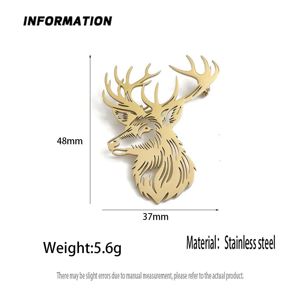 316L Stainless Steel Plated 18K Gold Deer‑Head Hollow‑Out Brooch Lapel Pin for Jacket Backpack Unisex Jewelry Gift