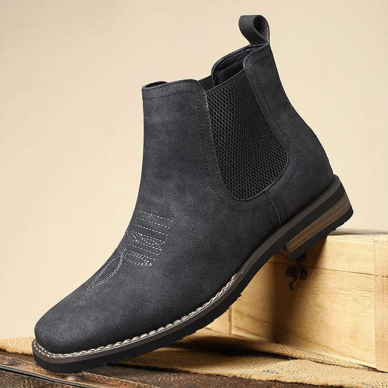 

2025 Retro Chelsea Boots Men Shoes PU Brown Embroidery Business Casual British Style Street Urban Wear Classic Black Ankle Boots