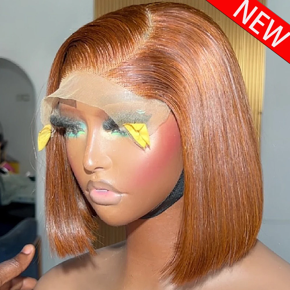 

Brown ginger Straight Short Bob Wig Human Hair Wigs Pre Plucked Wig 350 Density 13x4 HD Transparent Lace Frontal Wigs For Women