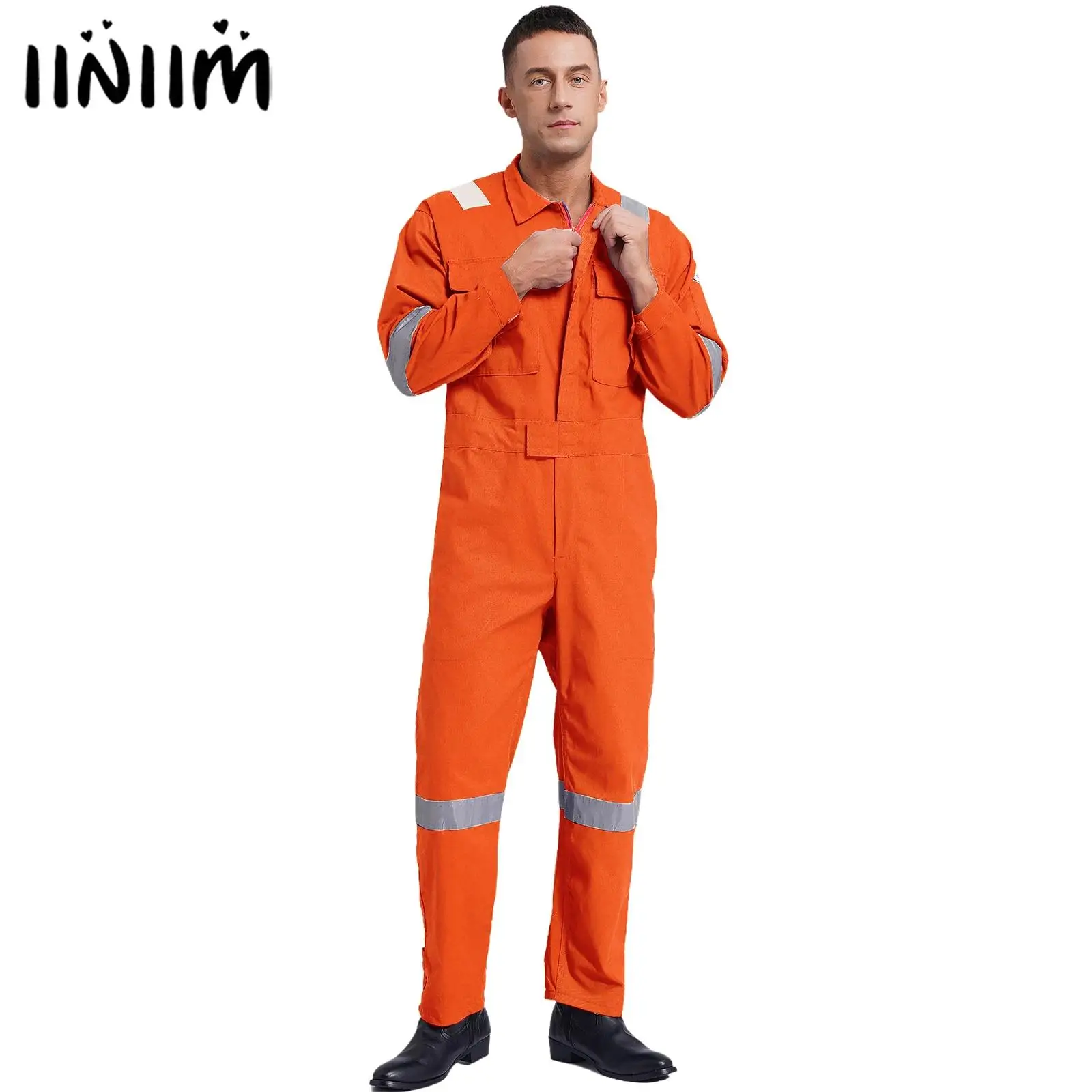 

Adult Cotton Food Factory Work Overalls Reflective Strips Multi-pocket Jumpsuit with Pockets Dustproof Dungaree Workshop Uniform