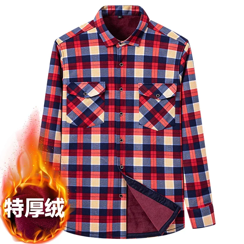 Winter Plush Thick Shirt Plaid Series Long Sleeved 2 breast pocket Shirt for Men's Warmth and Oversized Casual Shirt Clothing