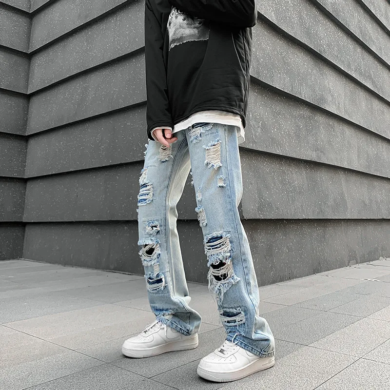 

2023 Spring Korean Version Tide Gothic Broken Jeans Male Ins Straight Leg Fashion Casual Irregular Hip Hop Wide Leg Beggar Pants