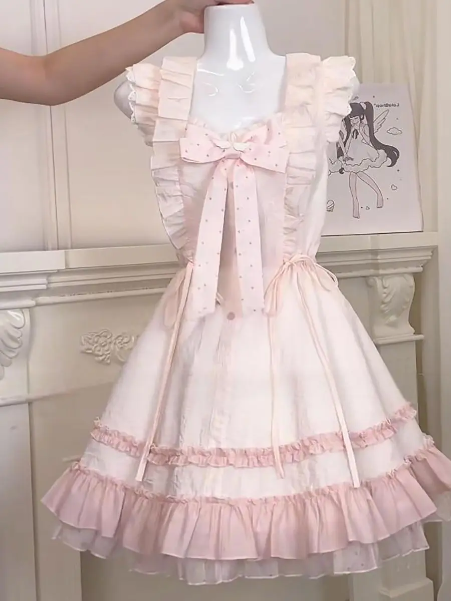 

Japanese Lolita Style JSK Dress Sweet Lotus Leaf Edge Cascading Bow Decoration Sleeveless Princess Dress Daily Versatility Skirt