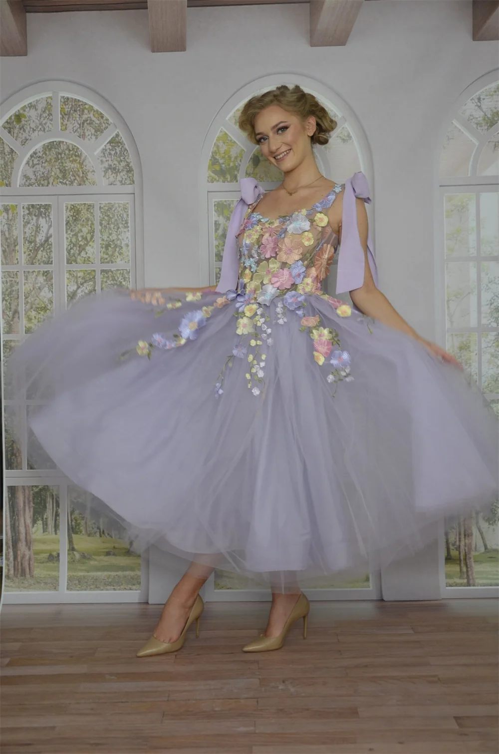 Jessica Lavender 3D Flowers Prom Dress Tulle Bow Evening Dresses Vestidos De Fiesta Formal Occasions Fairy Birthday Party Dress