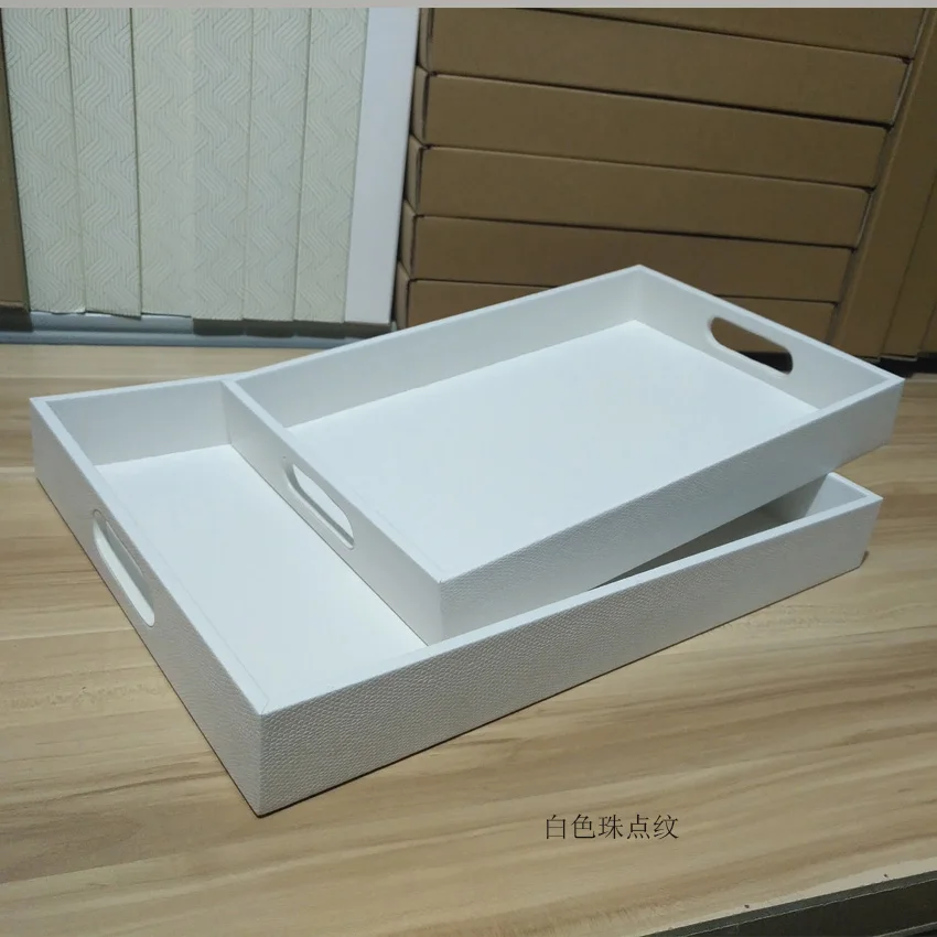 Elegant luxury wood PU leather storage serving tray office home dried fruit plate snack tray nut dish tray stand decoration box