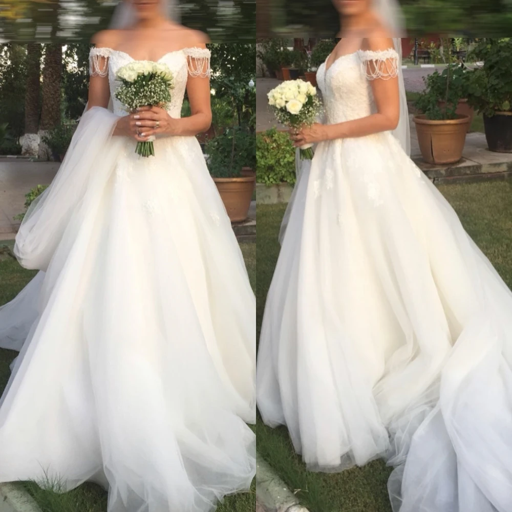 

Customized White Tulle Formal Wedding Dress Exquisite Off the Shoulder High Quality Bridal Party Sexy V-neck Bridal Gowns
