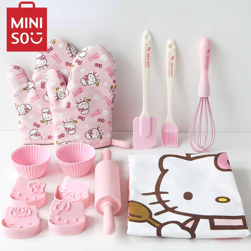 MINISO HelloKitty delantal para hornear para niños, guantes de aislamiento térmico, juego de moldes para galletas, dibujos animados dulces y lindos, estilo japonés