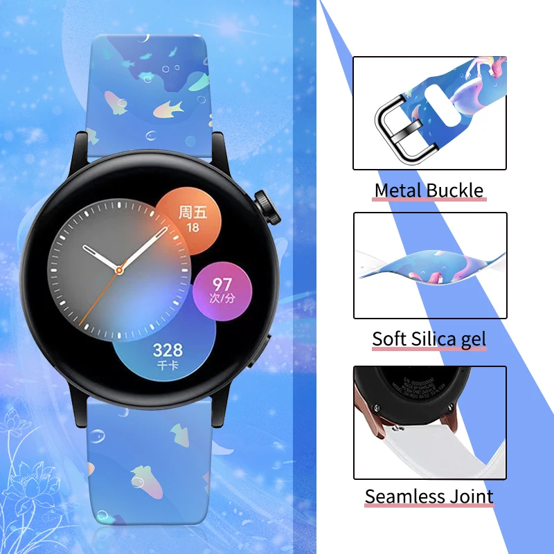 Dolphin Impresso Strap para Samsung Galaxy Watch, Pulseira Clássica, Banda Substituível, 5Pro, 6, 5, 6, 5, 40mm, 44mm, 47mm, 22mm, 45mm, 20