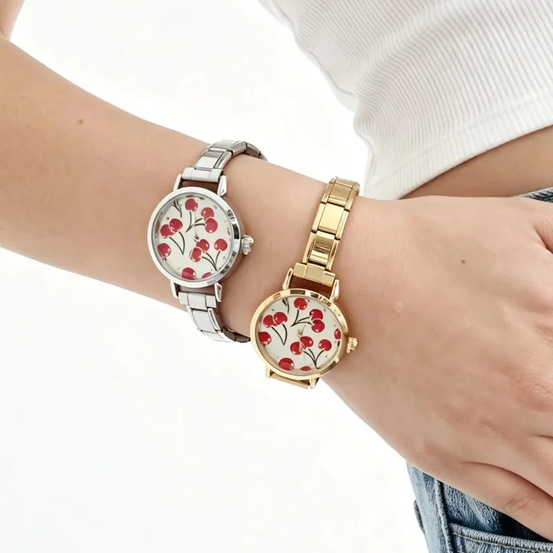 Sweet Cherry Trendy Hip-hop Cherry Watch for Women Stainless Steel Band Gold Silver Casual Party Accessory Youth Quartz Watch