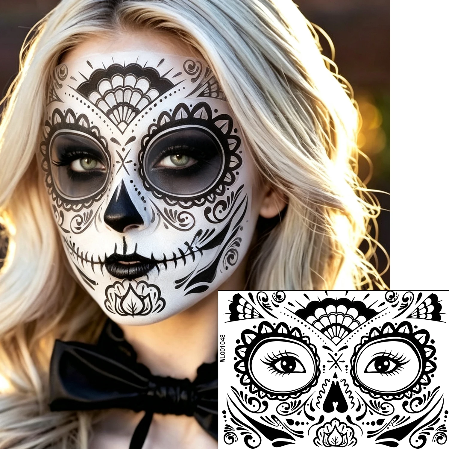 12pcs Sugar Skull Face Temporary Tattoos Halloween Day of the Dead Skeleton Makeup Stickers Waterproof Black Floral Face Tattoos