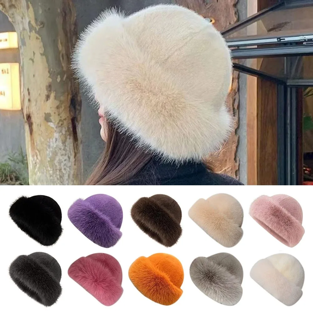 Fashion Headwear Fluffy Fur Winter Hat Solid Color Thicken Bucket Hat Plush Cold Windproof Berets Chrismas Gifts image 4