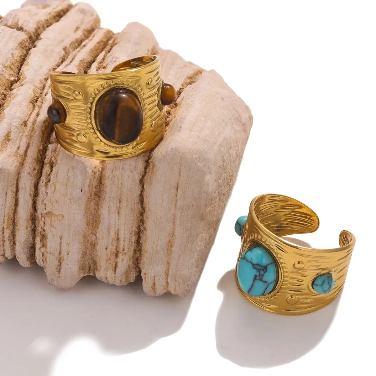 Stainless Steel Rings for Women Creative Gold Plated Simple Geometric Round Natural Stone Finger Ring Boho Vintage Jewelry Gifts