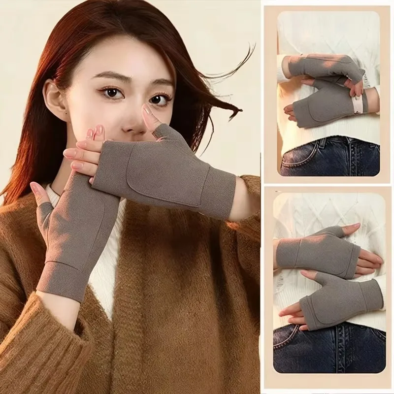 Winter Soft Fleece Warm Gloves Semi-finger Pocket Design Suitable for Holding Heat Pad Office Students Writing Essential Mittens