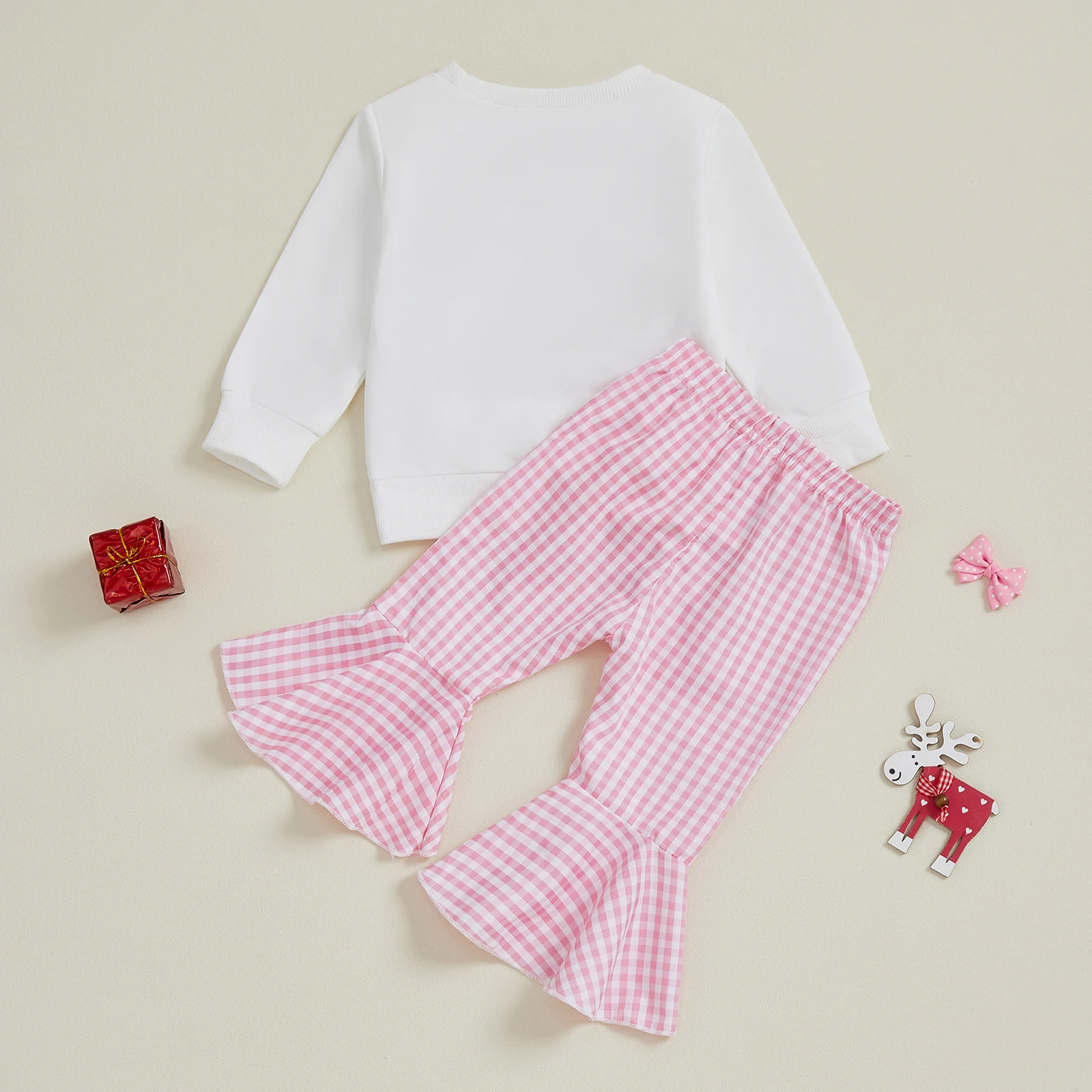 طقم سويت شيرت بأكمام طويلة مطبوع ومطرز لعيد الميلاد للفتيات الصغيرات مع قيعان جرس منقوشة مكونة من قطعتين #3