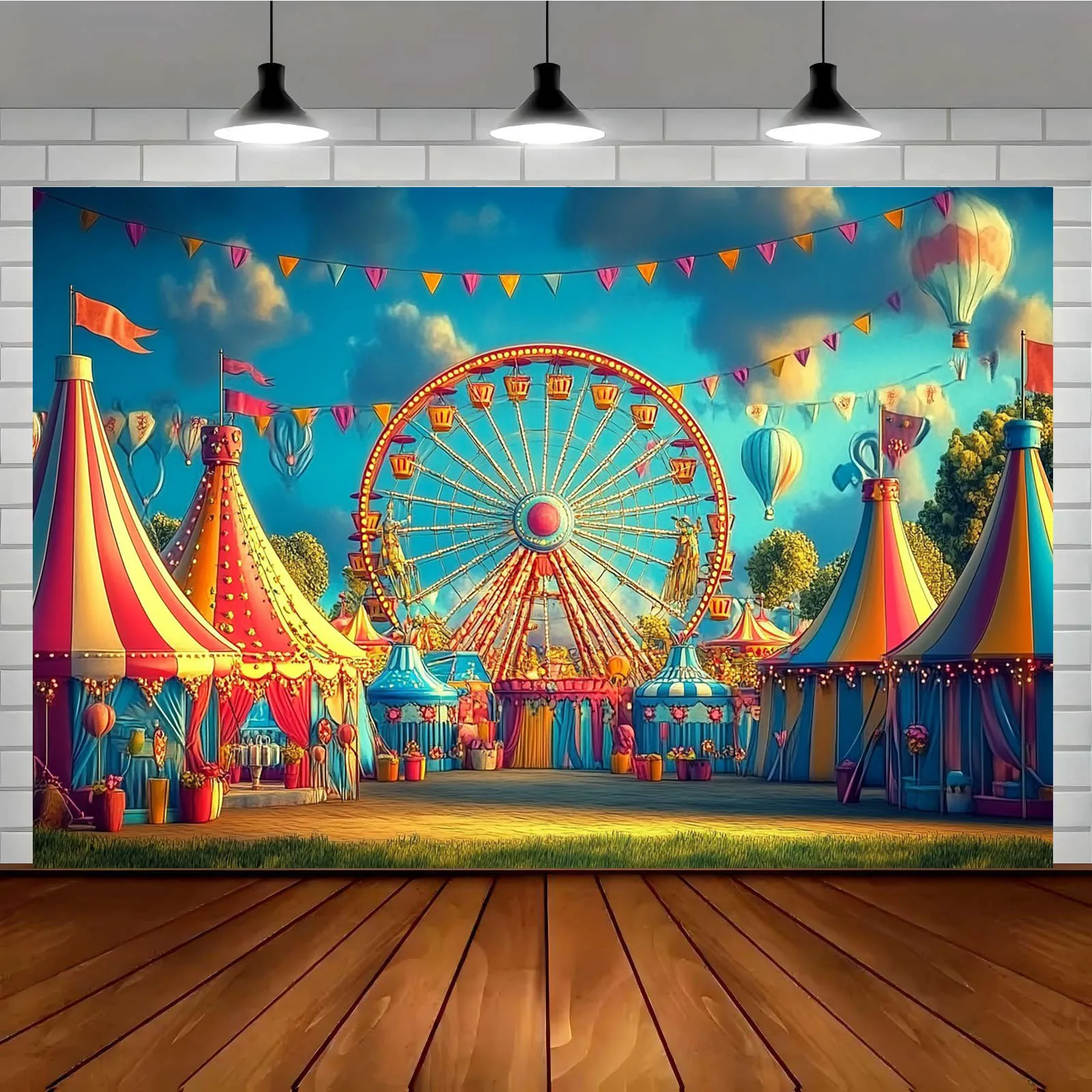 1 bunter Zirkus-Vergnügungspark-Hintergrundstoff – buntes Zelt, Riesenrad und Heißluftballon-Design