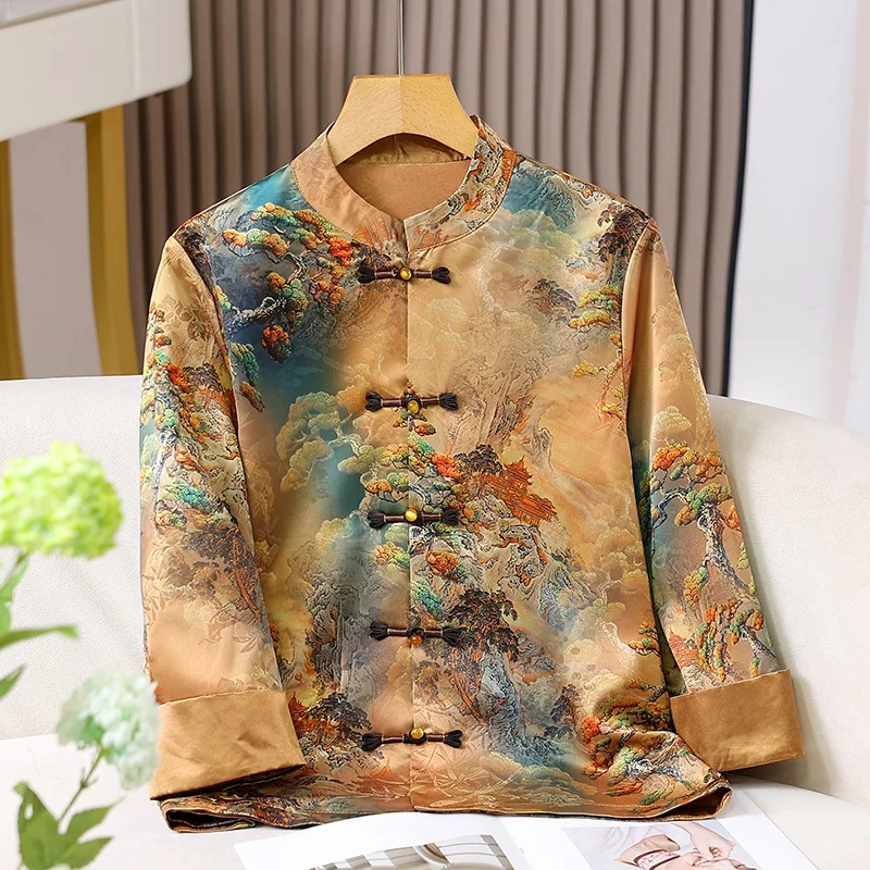 

2025 Summer Autumn New Hanfu Jacket Vintage Mandarin Collar Tang Clothes Women Print Button Down Qipao Coat Big Size 5Xl