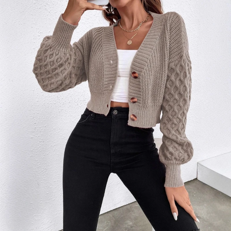 

Autumn V-neck Solid Color Design with Shoulder Sleeves Women's Knitted Sweater Cardigan